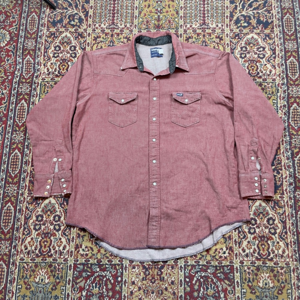 VTG 80s Wrangler Burgundy Chambray Chamois Pearl Snap Brush Popper Shirt XL USA
